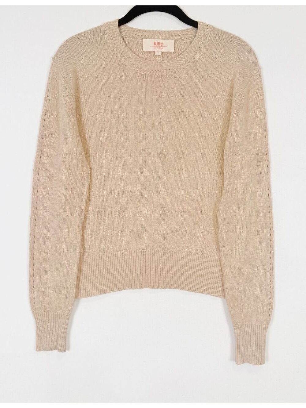 Kilte Collection Cashmere Crewneck Sweater Tan Beige Pointelle Sleeve Size 0 XS